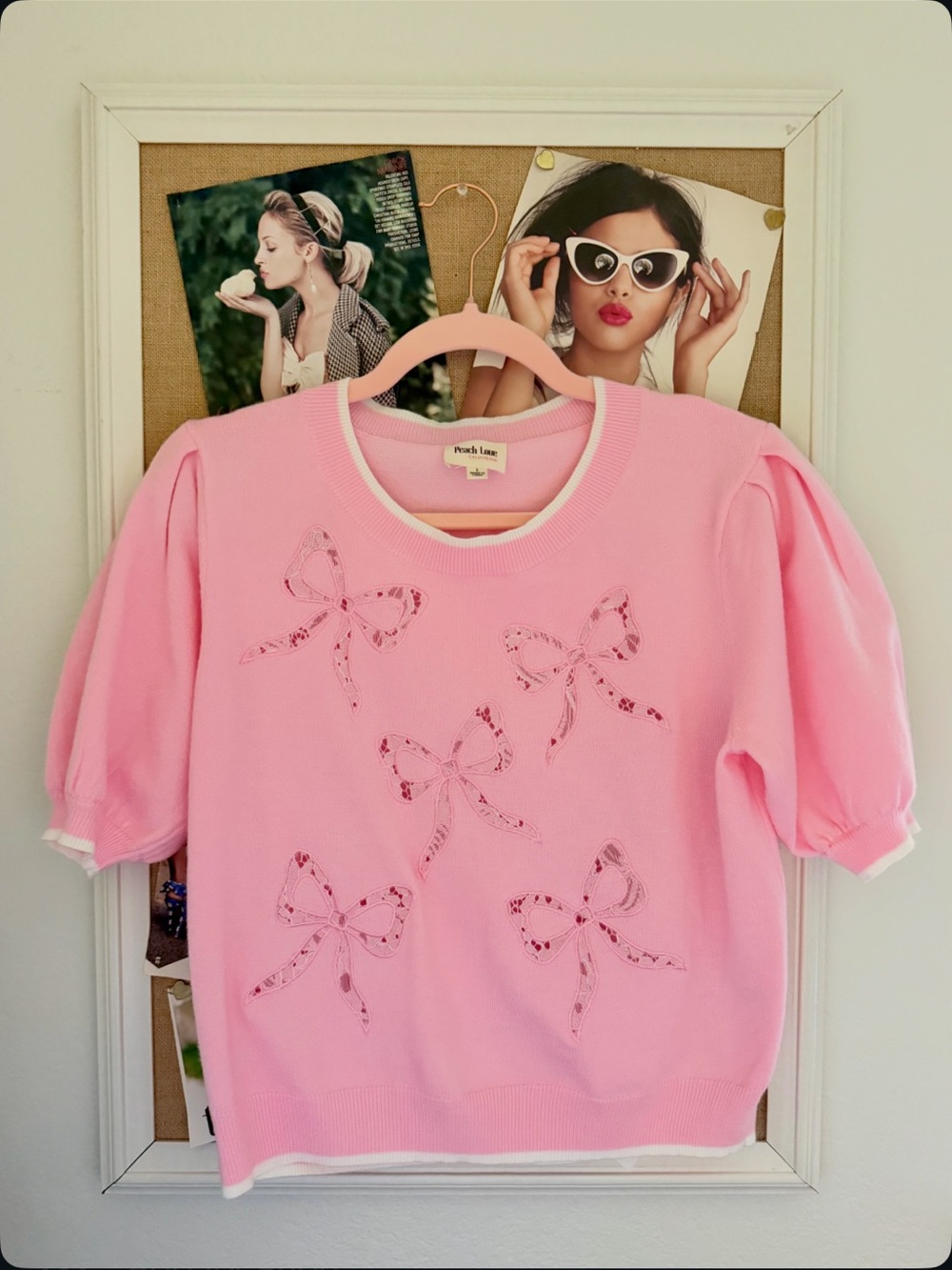 Pink Bow Puff Sleeve Sweater Top
